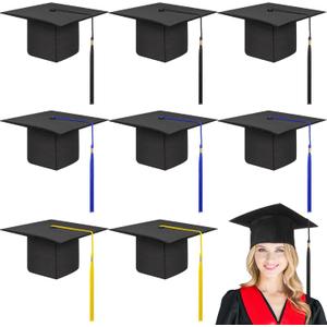 Geyoga 8 Pcs Graduation Cap Bulk Adjustable Adult Graduation Hat with Tassel for Halloween Fancy Dress Accessory Photo Props (Yellow Blue and Black)