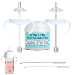 Straw Cup Conversion Kit for Philips Avent Natural Baby Bottles 2-Count, Food Grade Silicone Straw Nipples and Weighted Straw, Bottle Handles, Cleaning Brush, BPA-Free, Sippy Transition, 6+ Months