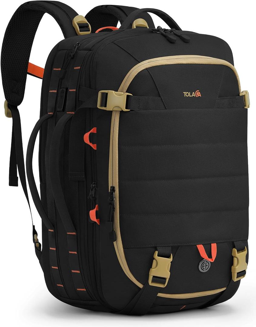 Tolaccea Carry on Travel Backpack, TSA Friendly Flight Approved Laptop Backpack Duffle Bag for Men Women with Dual Laptop Storage for 17.3", USB Charging Port, Business Rucksack 40L-50L Expandable (Black)