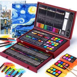 145 Piece Deluxe Art Set with 2 x 50 Sheet Drawing Pad, Art Supplies Wooden Art Box, Drawing Painting Kit with Crayons, Oil Pastels, Colored Pencils, Creative Gift Box for Adults Artist Beginners