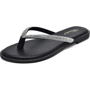 NianEr Womens Microfiber Leather Comfort Foam Rhinestone Glitter Sparkly Dress Flip Flop Sandals Summer Cute Flat Slides (Black)