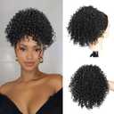 Short Curly Drawstring Ponytail Extension for Black Women Synthetic Short Afro Kinky Curly Black Ponytail Drawstring Extension Messy Bun Hair Piece Protective Style for Daily Party Use 10Inch 1B