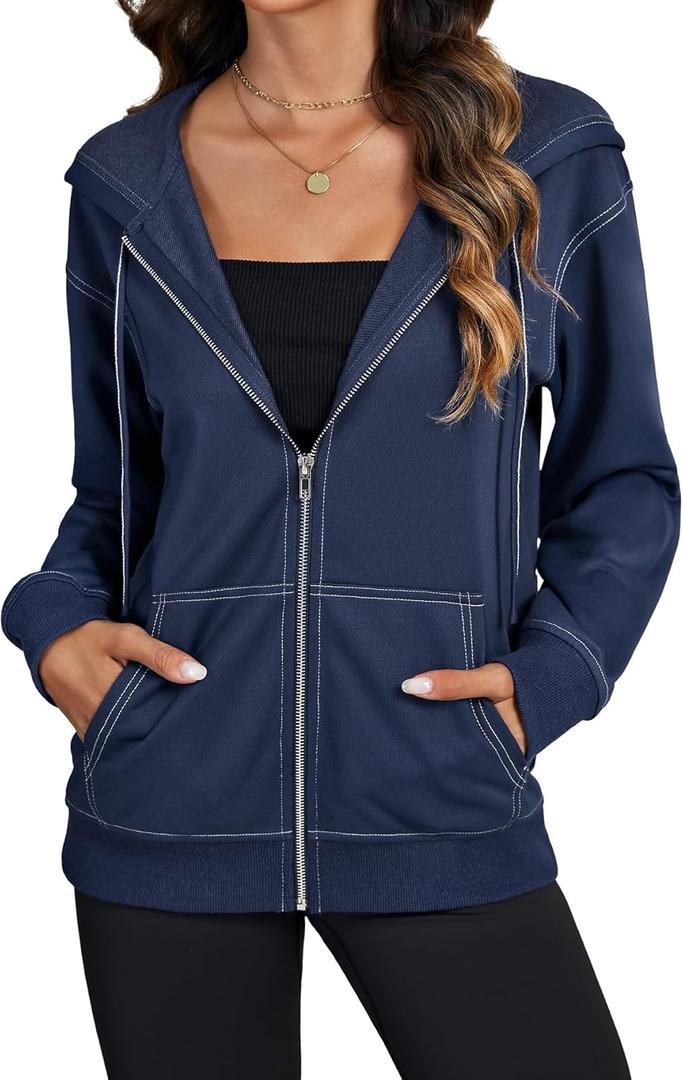 LYANER Women's Zip Up Hoodie Long Sleeve Sweatshirt Fall Outfits Fashion Jackets with Pockets (Navy Blue, Small)