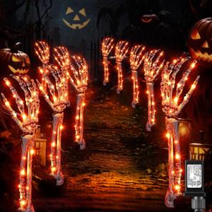 Enhon Halloween Decoration - 10 Pcs 300 LED Lighted Skeleton Arm Stakes With 8 Lighting Modes and Timer, Waterproof Scary Party Outdoor Yard Ornament (Orange)