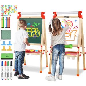 JOYOOSS Kids Wooden Easel with Paper Roll - Adjustable Magnetic Double Sided Drawing Board Whiteboard & Chalkboard Dry Easel Board,Children Art Easel for 3~12 Years Kids Boys Girls Painting Drawing, 50" H X 21" W X 18" D