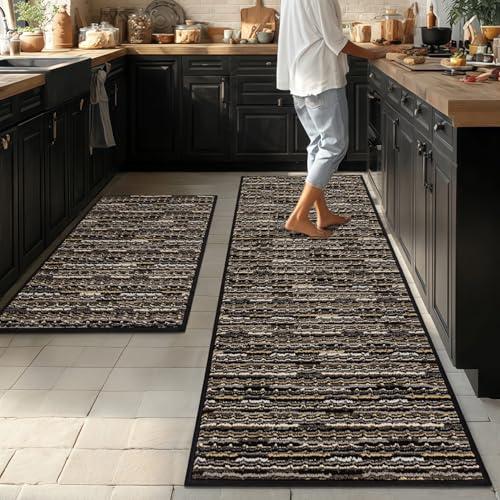 Kitchen Rugs Sets of 2-Non Slip Kitchen Mats for Floor-Thick Stain Resistant Vintage Kitchen Floor Mat Runner Carpet for Hallways Entryway Laundry Room Washable（Black 22"x59"+20"x32"）