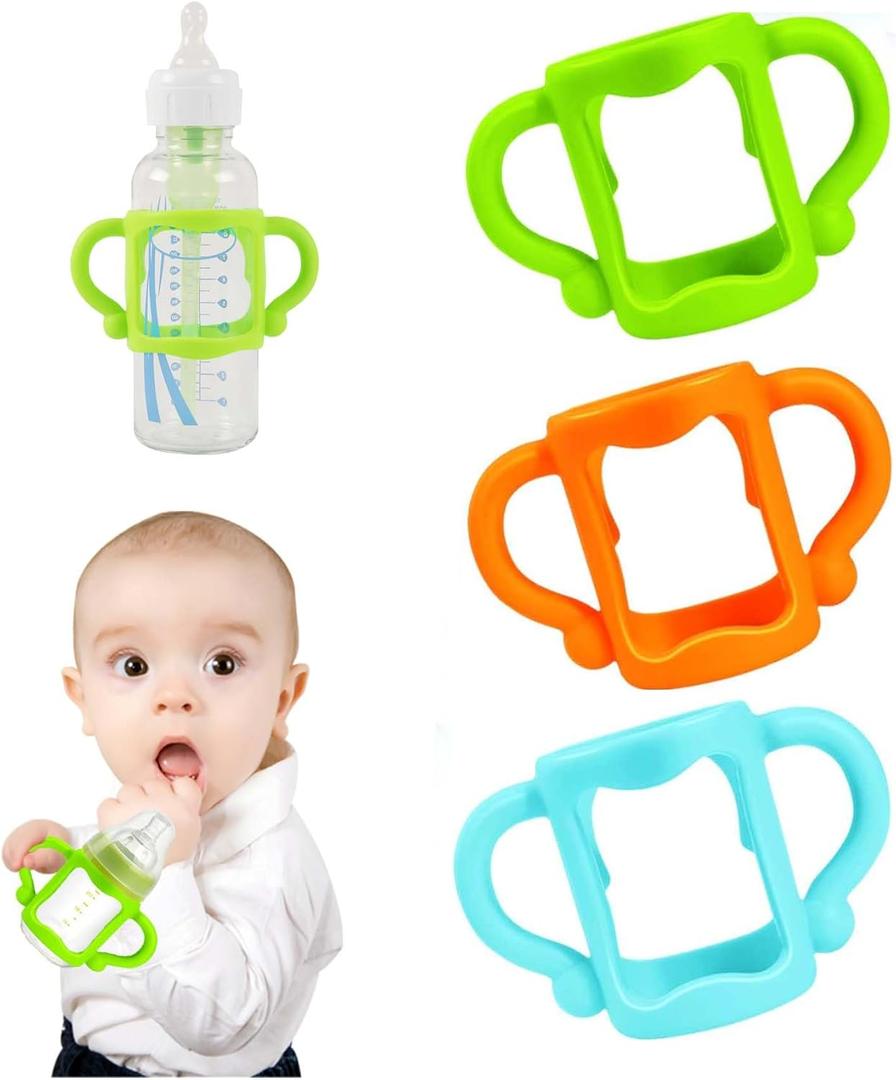 3-Pack RTMOK Bottle Handles for Dr. Brown's Narrow Baby, Wide-Neck, Removable Easy-Grip Transitional Sippy Cup Handles, 100% Silicone-BPA-Free Material, 4m+ (Blue+Green+Yellow)