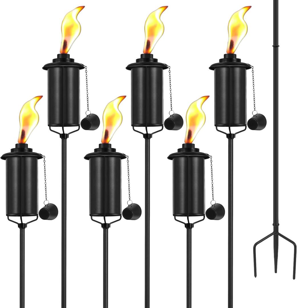 6 Pack Garden Torches, 16 oz Metal Torch for Outside with 3-Prong Grounded Stake, Outdoor Decorative Citronella Torches, 59 inch Garden Dcor Torches