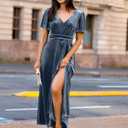 Simplee Women's Velvet Maxi Dress V Neck Short Sleeve Empire Waist Semi Formal Long Cocktail Dresses (Blue)