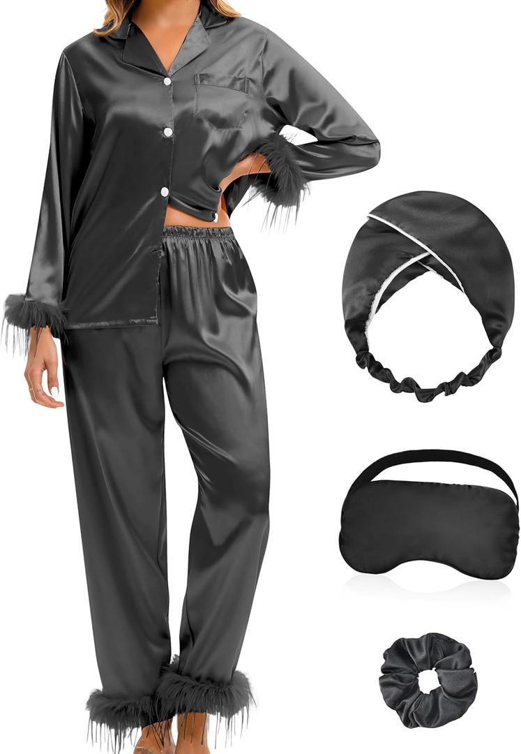 EPLAZA 2 Pcs Silk Pajamas for Women Satin Pajama Set Feather Trim Long Sleeve Button-Down Pj Set Lounge Sleepwear with Pocket (Medium, Black)