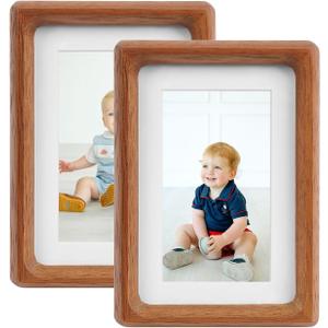 4x6 Picture Frame Set of 2 Natural Wood Photo Frames Display Pictures 3x5 with Mat or 4x6 without Mat Multi Photo Frames Collage for Wall or Tabletop Decor (Walnut)