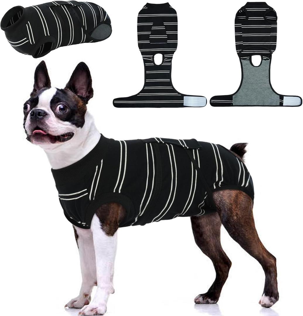 Kuoser Dog Surgery Recovery Suit for Female Male Dogs, Stripes Spay Neuter Anti-Licking Dog Onesie, Surgical Suit Snugly Pet Post Surgery Vest Bodysuit for Abdominal Wounds Skin Disease, Black L (Large (Back: 16.1" - 20.1"; Weight: 23 - 48LB))