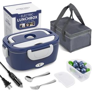 Electric Lunch Box Food Heater, 3 in 1 Ultra Quick Heated Lunch Boxes for Adults, 12V/24V/110V Portable Food Warmer for Car/Truck/Office With Fork Spoon and Insulated Carry Bag (Blue White)