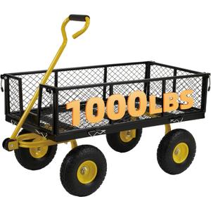 Finnhomy Heavy Duty 1000 Lbs Capacity Mesh Steel Garden Cart, Pullable Garden Wagons Carts on Wheels, Folding Utility Wagon with Removable Sides for Outdoor, Yard, Lawn, Yellow