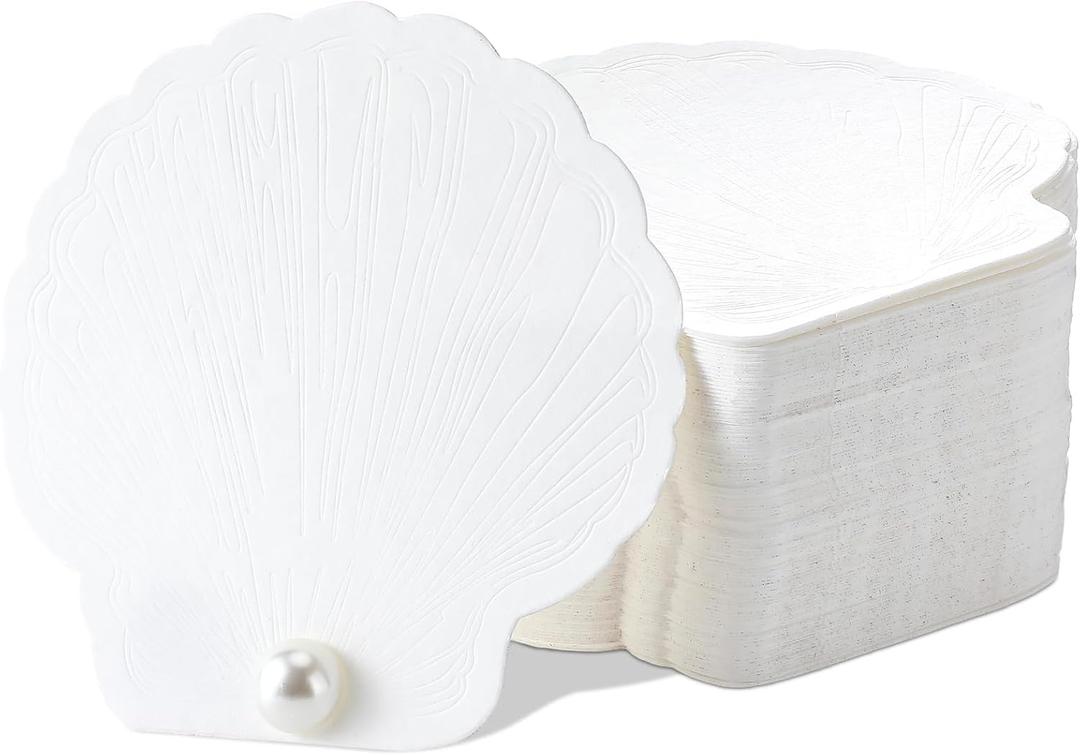 Resurhang 100 Set Oyster Place Card Beach Wedding Place Card with Pressed Oyster Shell Detailing and Pearl Accents for Summer Beach Wedding Party Shower Ivory White(Sea Shell,White)