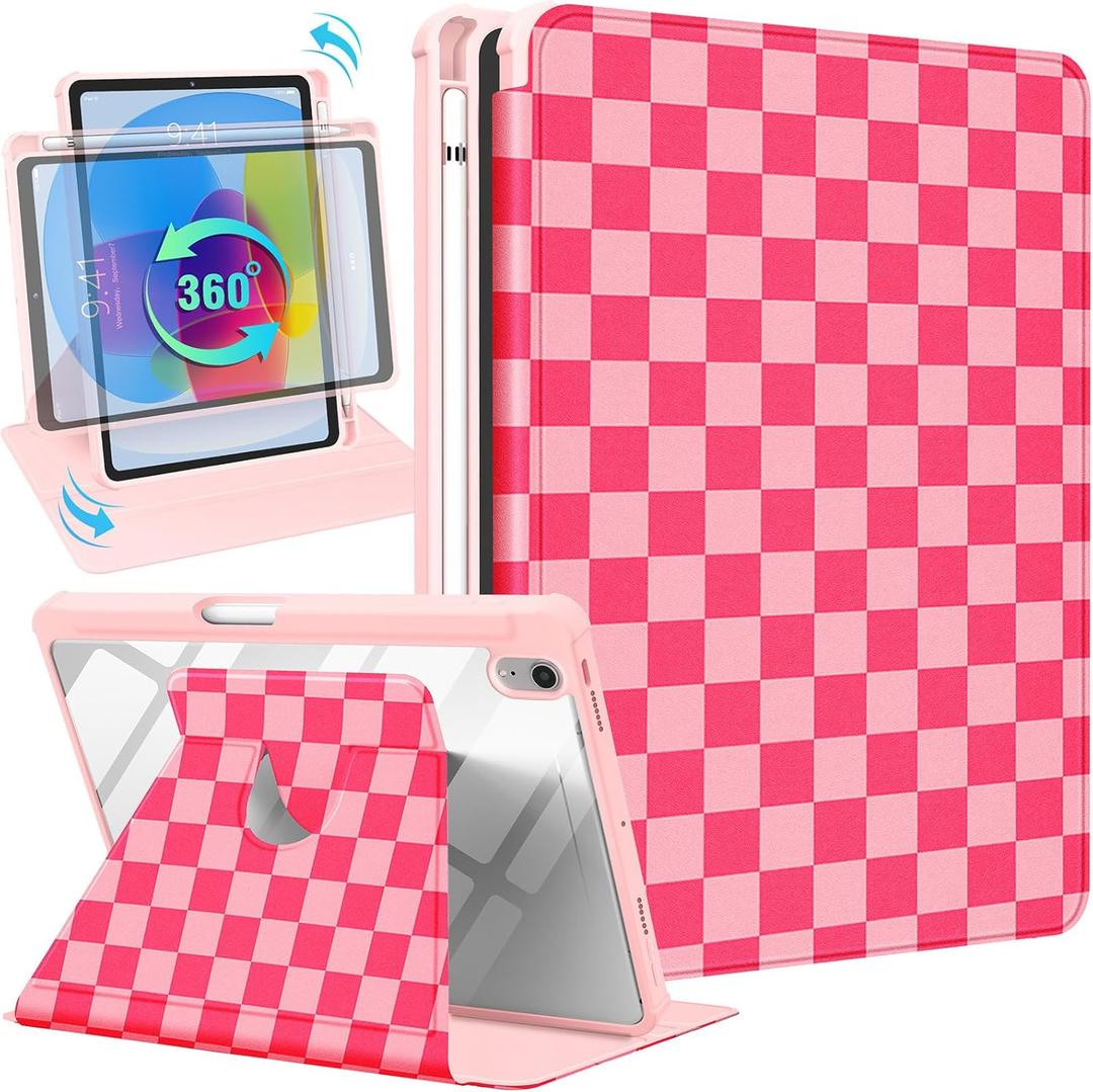 Uppuppy for iPad mini 7/6 Case - for iPad mini 6th/7th Generation Cases Women Cute Folio Cover with Pencil Holder Girls Girly Pretty Checkered Rotating Stand for Apple Mini 6/A17 Pro Case 8.3 Inch