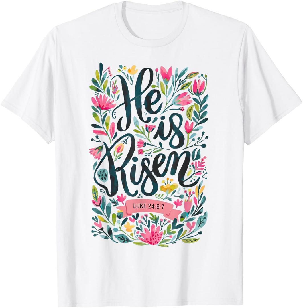 Floral Religious He is Risen Christian Happy Easter T-Shirt (Small)