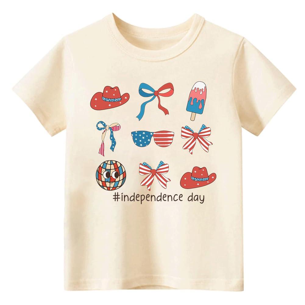 T 4th of July Toddler Baby Boys Girls T-Shirt Kids Coquette Bow Star Stripe Short Sleeve Top(Size 120 ,Beige Coquette Bow)