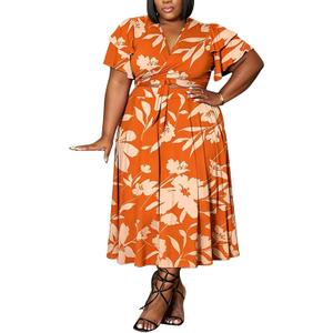 Women's Floral Plus Size 2 Piece Outfits Casual Short Sleeve Bandage Wrap Empire Crop Tops and Midi Skirt Sets, Orange, 1XL
