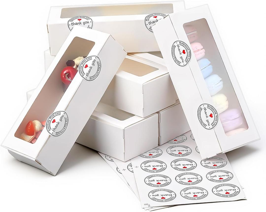 100 Pcs White Macaron Boxes with Window Bakery Packaging Container with 210 Pcs Thank You Stickers, Gift Boxe Packaging Boxes for 5-7 Macarons Cookie Candy Strawberry Chocolate