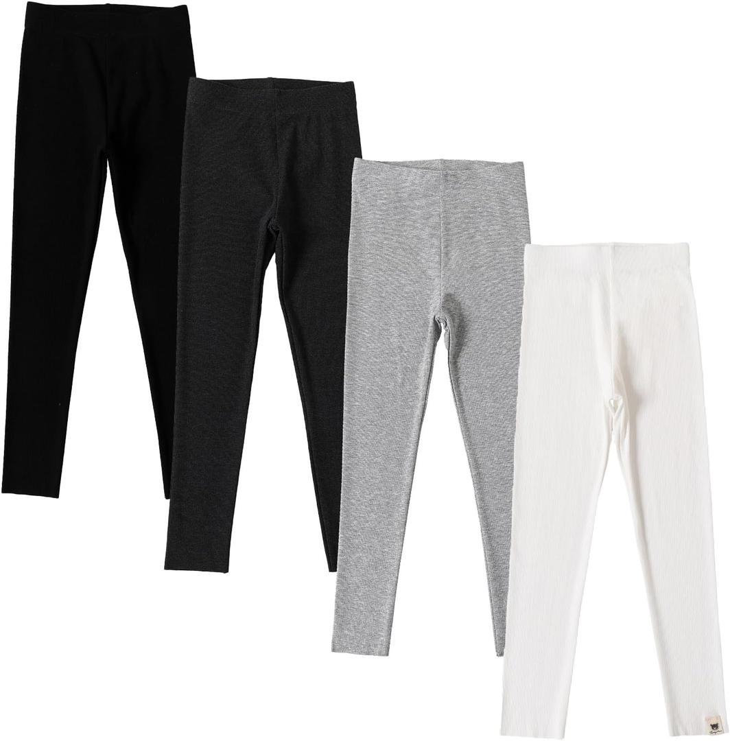 4 Pack Leggings for Girls Full Length Basic Pants Kids Soft Stretchy Leggings (7-8 Years, Black/Dark Gray/Grey/White 2)