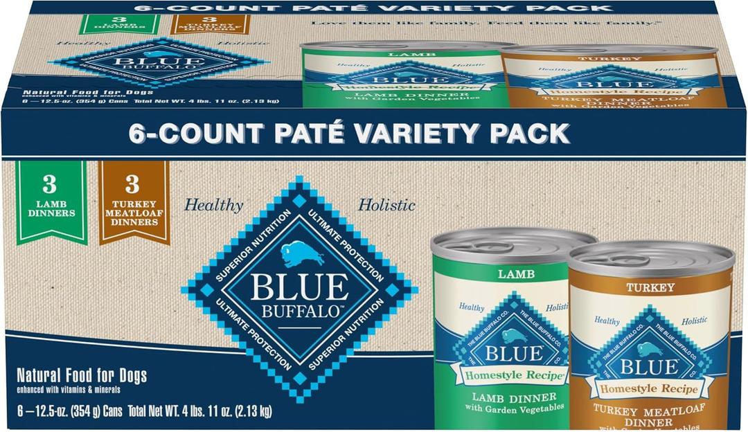 Blue Buffalo Homestyle Recipe Adult Wet Dog Food, Made with Natural Ingredients, Turkey and Lamb Dinner Variety Pack, 12.5-oz Cans (6 Count, 3 of Each)