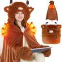 Mewaii Highland Cow Heated Wearable Blanket  USB Powered Hooded Blanket with 3 Heat Settings, Soft Cozy Warm Flannel Blanket for Indoor Outdoor, Cute Highland Cow Gift for Women & Adults