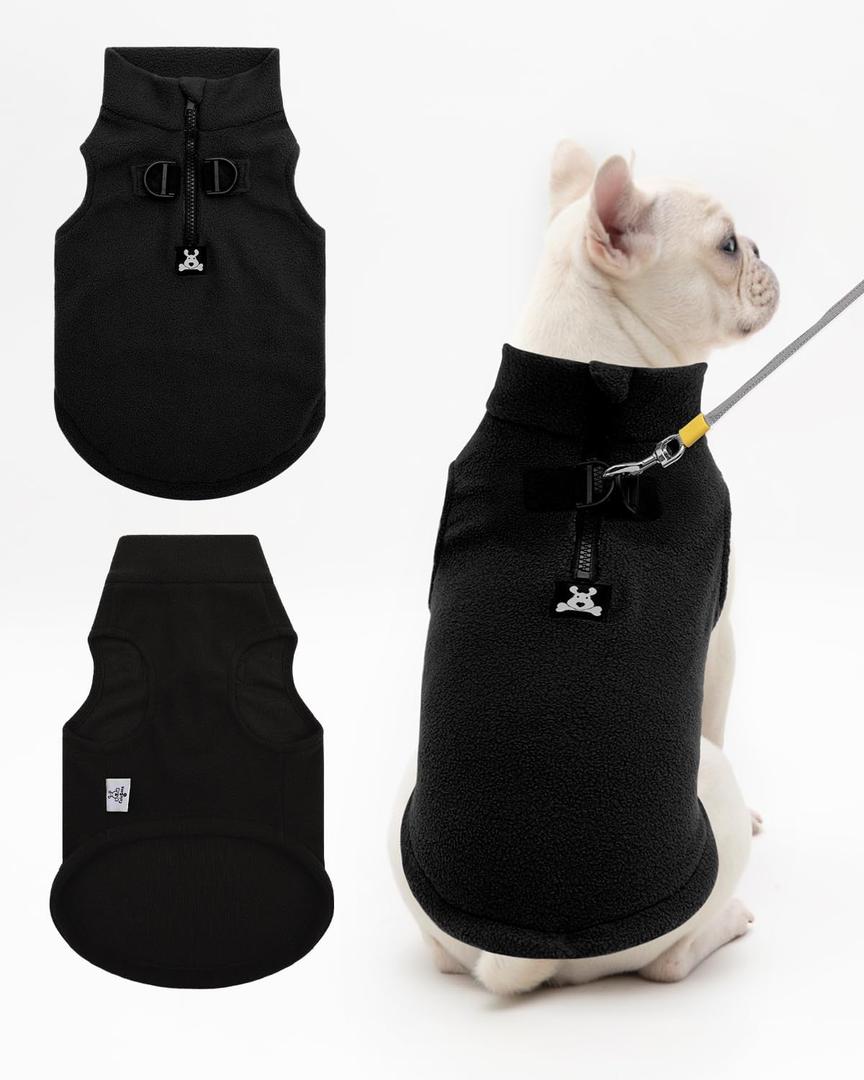 CuteBone Fleece Dog Vests Black with Turtleneck, Half Zip-Up & Pullover Winter Sweaters Shirts for Small Dogs - Warm Thermal Jackets with D-Ring, Ideal for Cold Weather DZBX06S, Size S