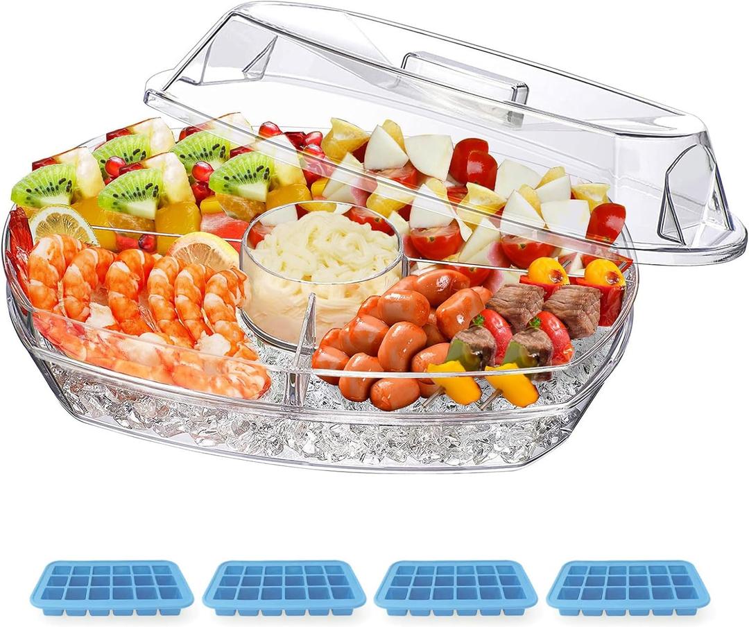 INNOVATIVE LIFE Appetizer Serving Tray on Ice, 15 Inch Party Platter with 4 Ice Cube Tray, Kitchen Chilled Food Bowl with Compartment and Lids for Shrimp, Fruits, Vegetables, Salads, Sushi, Clear