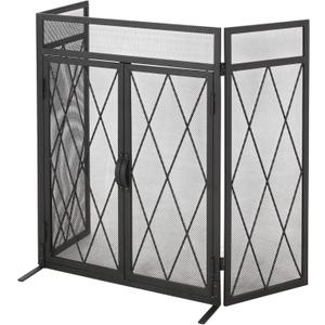 Laurel Modern Iron Folding Fireplace Screen with Door, Matte Black