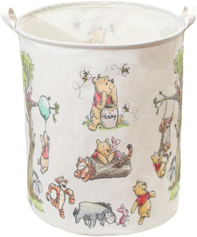 Oval Cute Bear Nursery Storage Basket With A Waterproof PE Coating, Foldable Large Canvas Laundry Hamper, Barrel Shaped Decorative Storage Baskets Suitable For Bathroom and Bedroom (White)