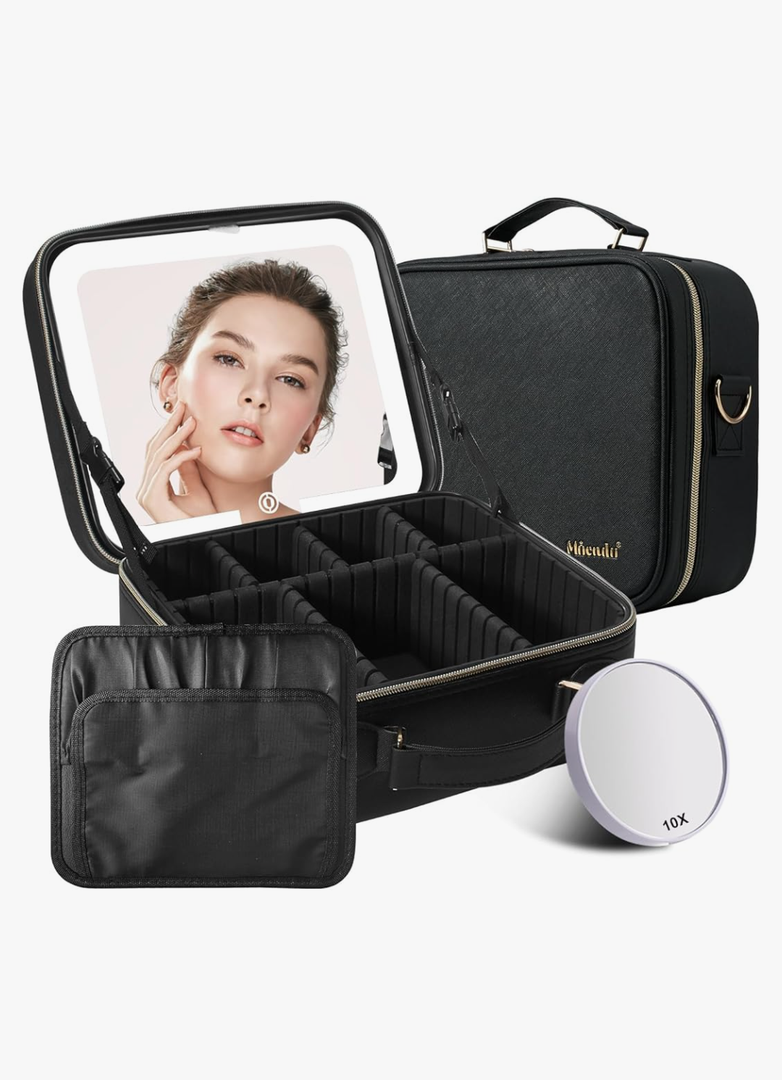 Mocado Travel Makeup Bag with LED Lighted Mirror,Travel Makeup Organizer,Makeup Case with 3 Color Lighted Setting and 10x Magnifying Mirror,Portable Storage and Adjustable Dividers Makeup Box(Black)