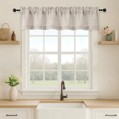 OVZME Valance for Windows, Light Filtering Faux Linen Textured Small Short Valance Kitchen Curtain, Dual Rod Pocket Top Short Window Curtain for Bathroom Basement Farmhouse, 60Wx12L Inch, Linen Color