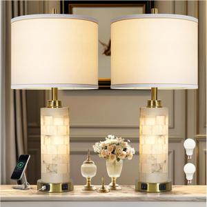 Rustic Natural Alabaster Table Lamp Set Of 2 With Night Light for Living Room Nightstand Table Lamp with 2 USB Ports For Bedroom bedside Lamp for office end table lamp for hotel (bulb included) (Golden Colored-2)
