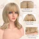 FESHFEN Shoulder Length Bob Wigs with Bangs for Women - Dirty Blonde Natural Layered Wavy Synthetic Wig For Daily Party Costume Use 14 Inch