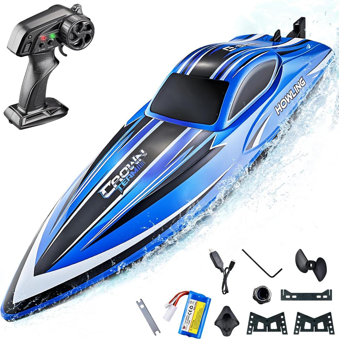 BEZGAR RC Boat, 16 inch Big Remote Control Boat for Adults and Kids, 35 KPH Large Fast RC Speed Boats with 1500mAh Battery, Ideal Waterproof Toy Boats for Lakes - HJ818 Blue