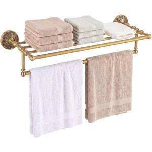 24" 2-Tier Flower Style Brass Foldable Towel Rack with Hooks, measures 24'' long by 10.2'' deep, 24.8"L x 9.84"W x 2.95"H