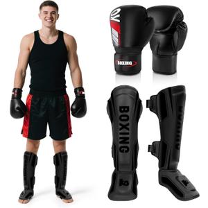 Kickboxing Shin Guards Muay Thai Shin Pads with 16 OZ Boxing Gloves, Adjustable Leg Guards with Instep Protection Shinguards with Workout Gloves Martial Arts Training Equipment for MMA Training L