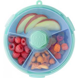 KingKam Kids Snack Spinner Containers, Reusable Toddler Spin Snack Container Box with 4 Compartments & Lid, BPA Free Food Grade Silicone Tray Dishwasher Safe, Travel Snacking Accessories (Blue/Green)