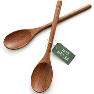 HAKSEN 2PCS Wooden Cooking Spoons, Natural Acacia Wood Kitchen Utensil, 12Inch Large Wooden Mixing Spoons for Nonstick Cookwares, Comfort Grip, Durable, Kitchen Gifts for Women, Cooking Gifts for Men
