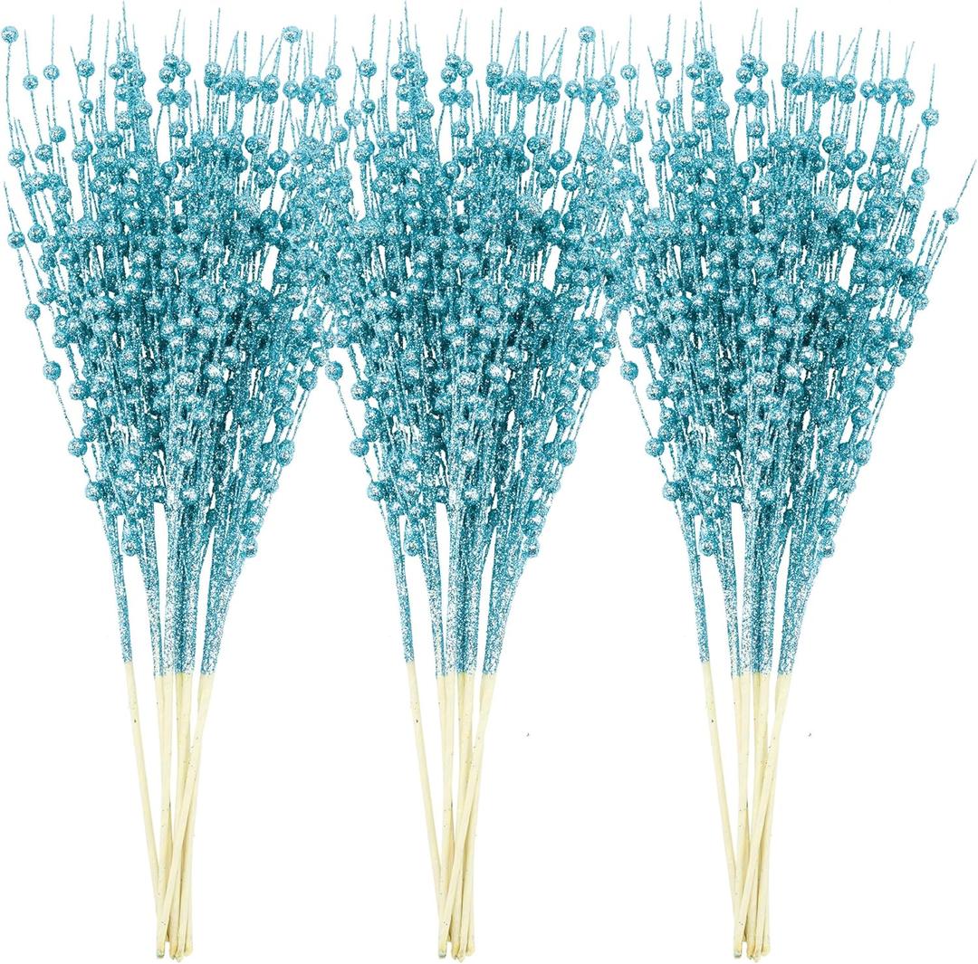 Joiedomi 24 Pcs Christmas Artificial Berry Stem Ornaments, Decorative Bead Sticks, Glittery Twigs, for Christmas Tree Decor Small Vase Decor Holiday Party Supplies and Wedding Decor (17", Light Blue)