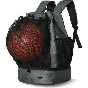 MIER Drawstring Basketball Backpack Soccer Bag with Shoe Compartment & Mesh Pocket Sports Gym String Backpack for Women Men, Lightweight (Gray)