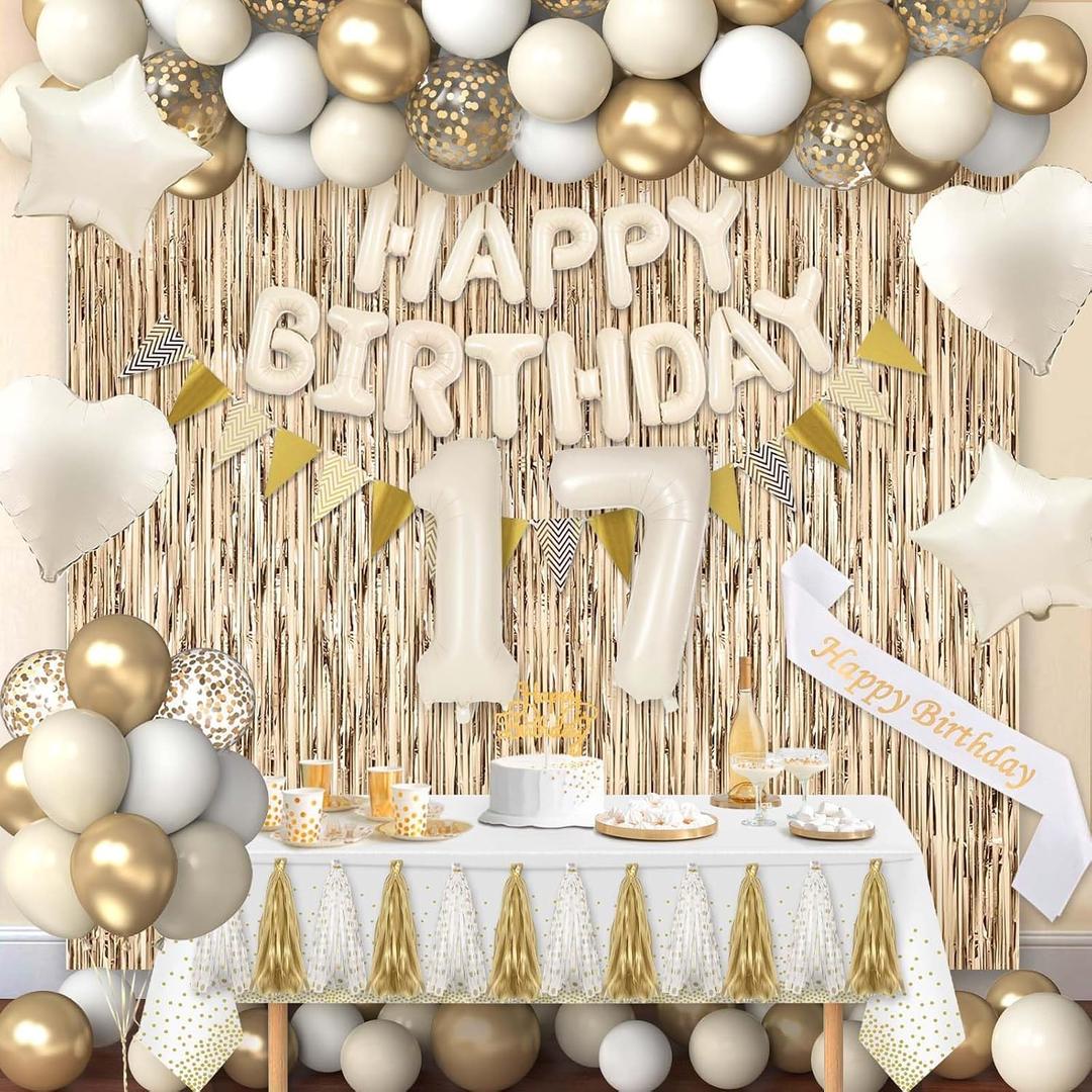 17th Birthday Decorations for Girls, White and Gold 17 Boho Birthday Party Supplies Includes Number Balloons, Banner, Fringe Curtain, Cake Topper
