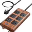 TOPREK Surge Protector Power Strip (2100J), 6 Widely-Spaced Outlets with 2 USB-C & 2 USB-A, 6.5 FT Extension Cord with Ultra-Thin Flat Plug, Wood Finish Power Strip with USB for Home, Office