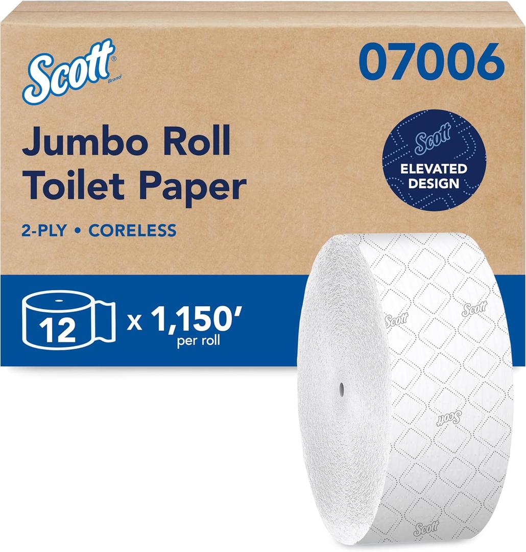 Scott Professional Coreless High-Capacity Jumbo Roll Toilet Paper, Bulk (07006), 2-Ply, Elevated Design, Septic Safe, White (12 Rolls at 1, 150' Each, 13, 800'/ Case)