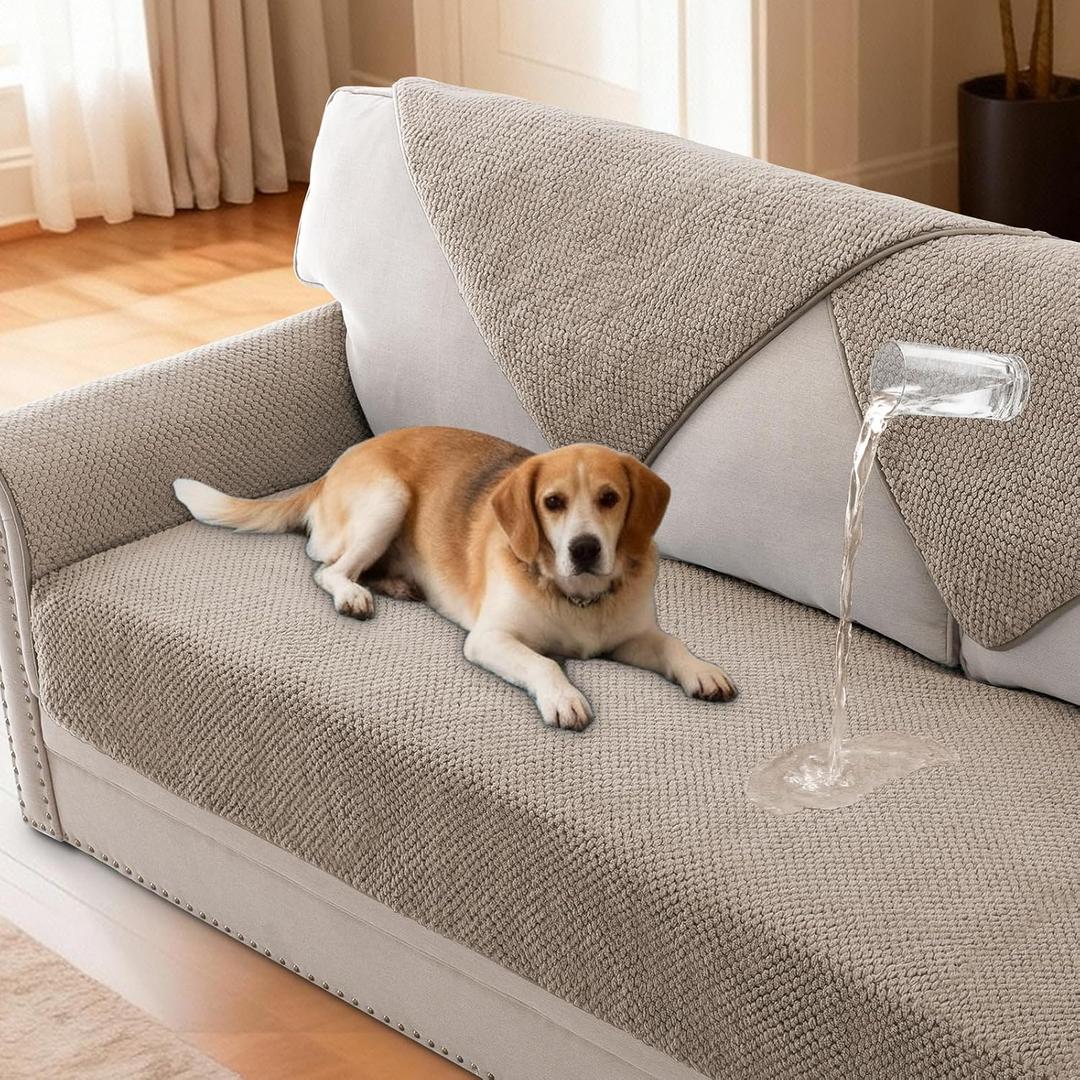 H.VERSAILTEX Waterproof Couch Cover Plush Sofa Cover with Strap Soft Anti Slip Sofa Slipcovers for 4 Cushion Sofa Couch Protector Cover for Dogs Cats Kids,36x96'',Khaki