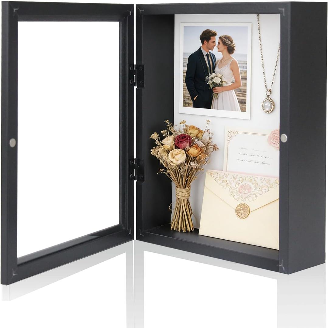 Muzilife 8x10 Shadow Box Picture Frame - 2.16" Interior Deep Wood & Glass Display Case Ready to Hang Memory Box Baby Sports Memorabilia, Wedding, Tickets, and Photos, Black