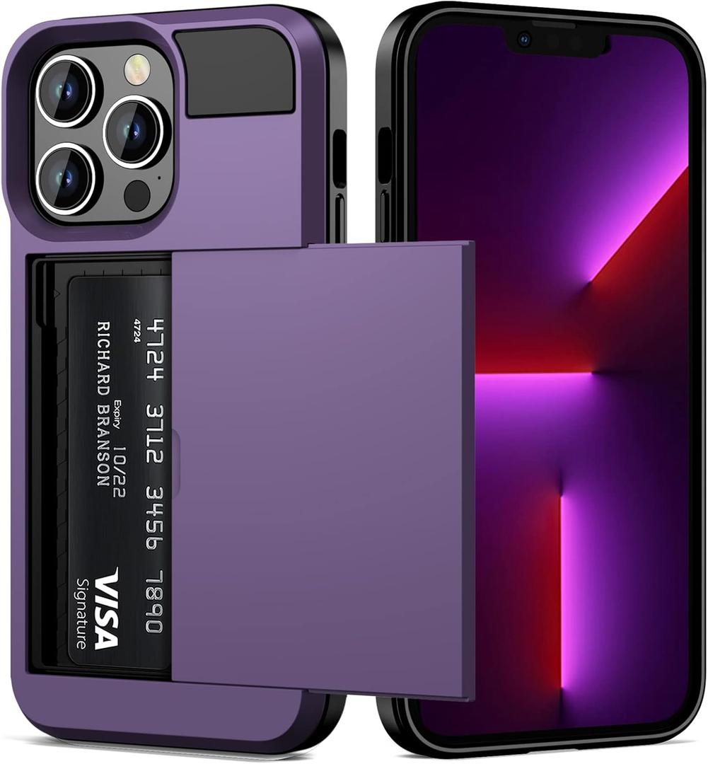 Vofolen for iPhone 13 Pro Case Wallet Credit Card Holder ID Slot Sliding Door Hidden Pocket Men Women Anti-Scratch Dual Layer Hybrid Bumper Armor Protective Shell Back Cover 6.1 inch GreyPurple
