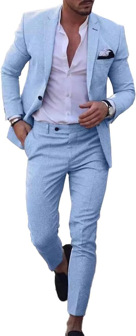 UNINUKOO Mens 2 Piece Suit Linen Summer Top Blazer Pants Sets Beach Wedding Wear Vacation Prom Suits for Men (Medium, Sky Blue)