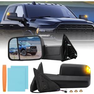 Passenger Side Mirror Compatible with 2009-2018 Dodge Ram 1500,2010-2018 Dodge Ram 2500 3500,Tow Mirrors with Power Glass Heated Turn Signal Light Puddle Lamp(Black) (Right)